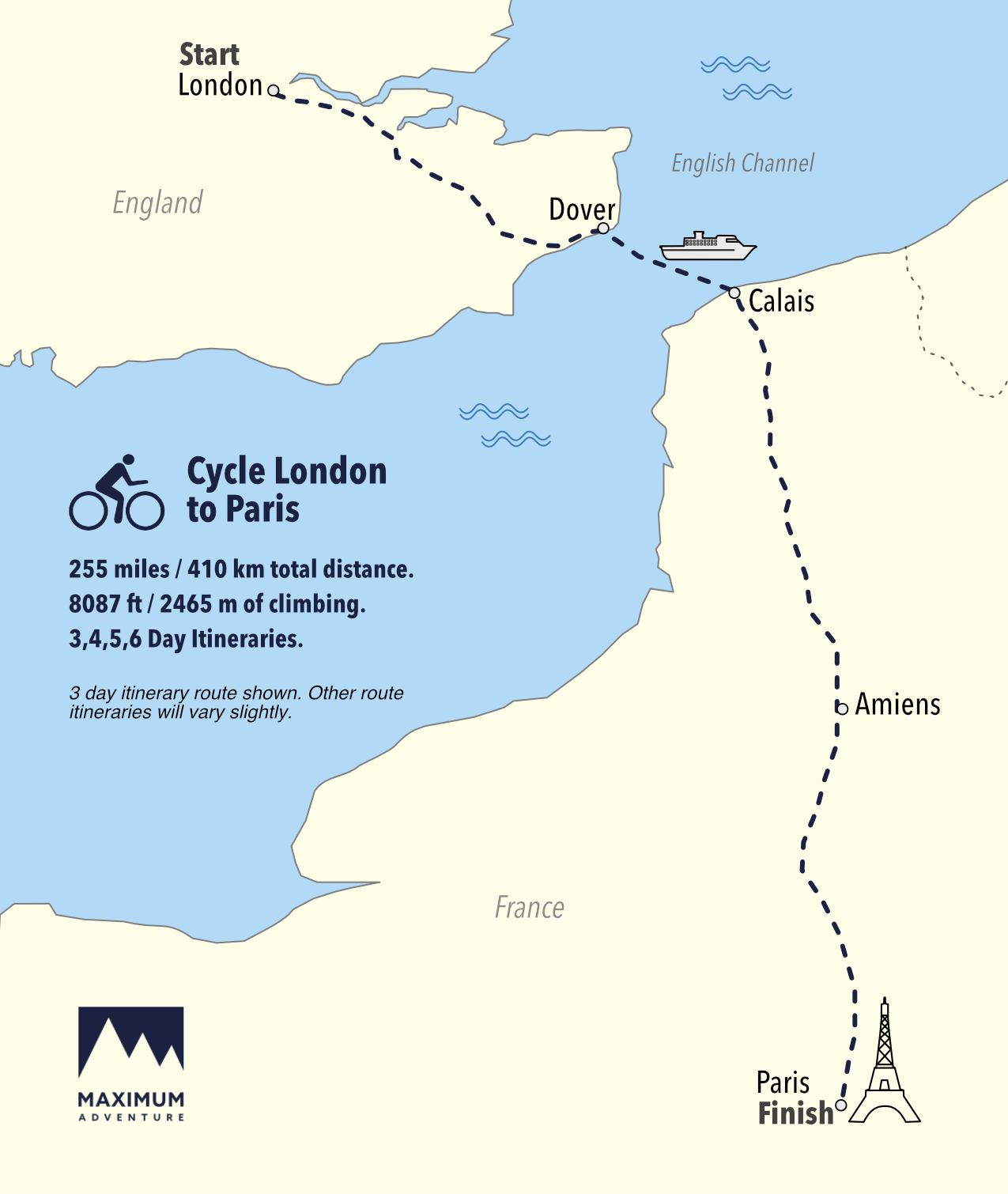 London to Paris Dover Calais 3 Day Map