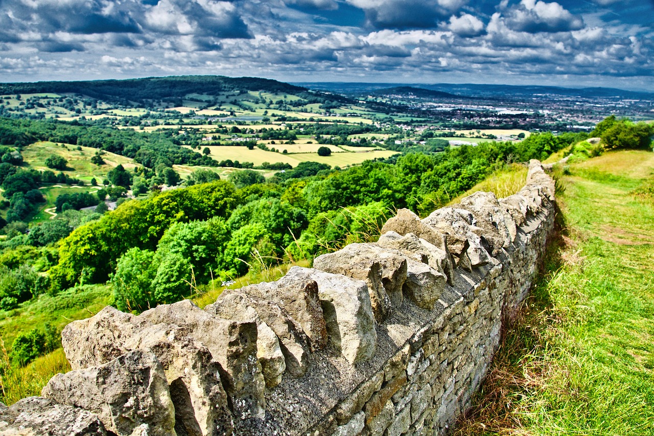 The amazing view of the Cotswolds, featuring a stone wall and landscape