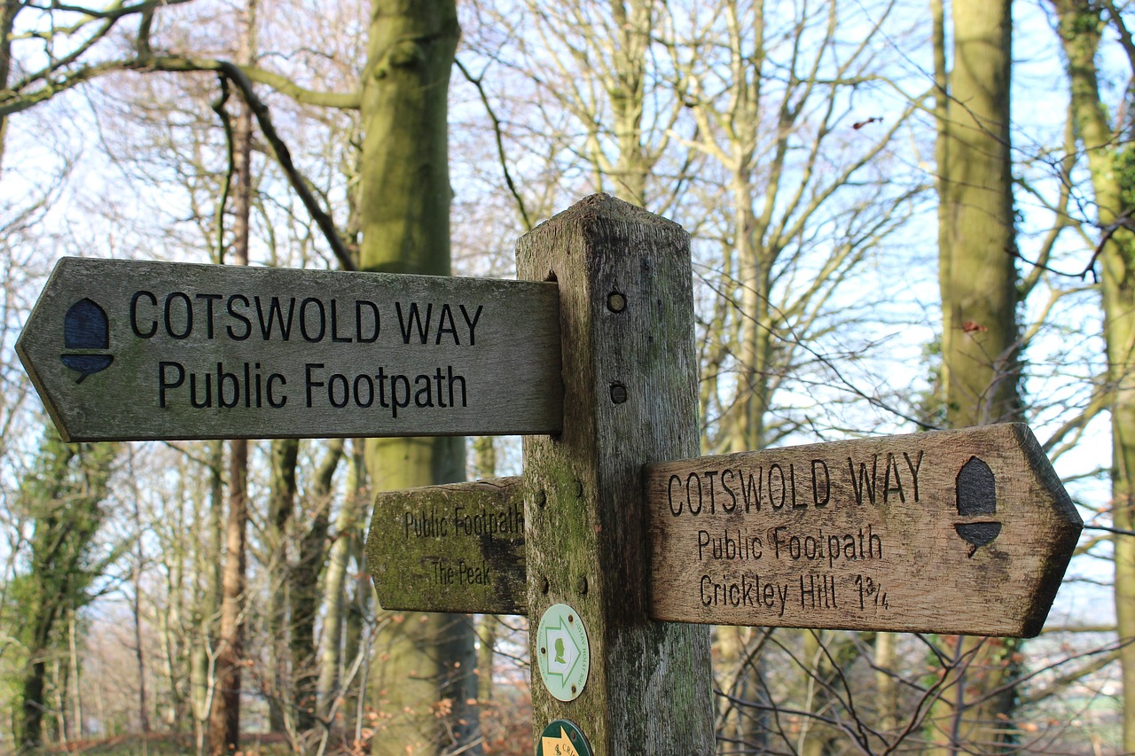 A signpost depicting the different Cotswold Way routes